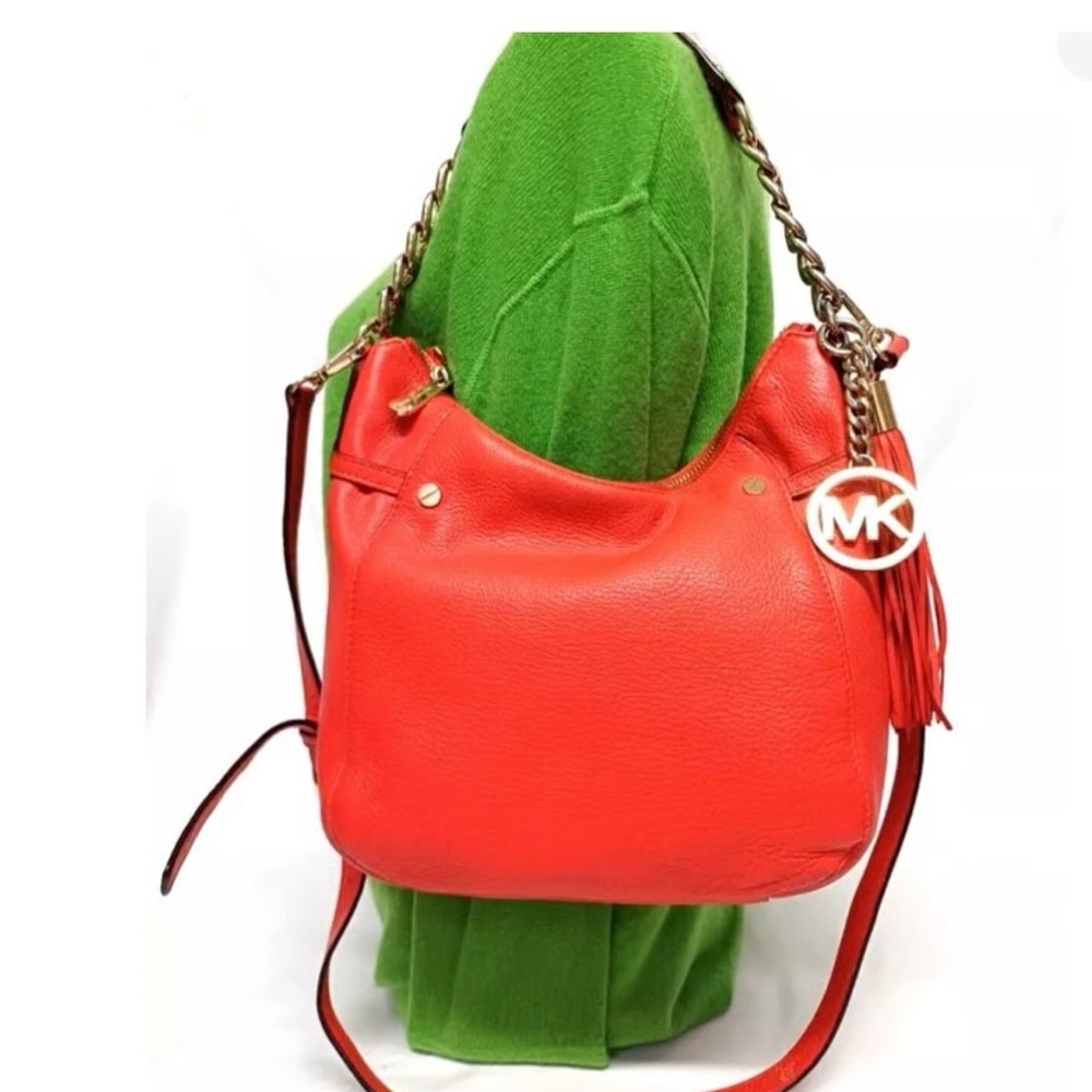 Michael Kors Coral-Red Pebbled Leather Hobo bag with Tassel